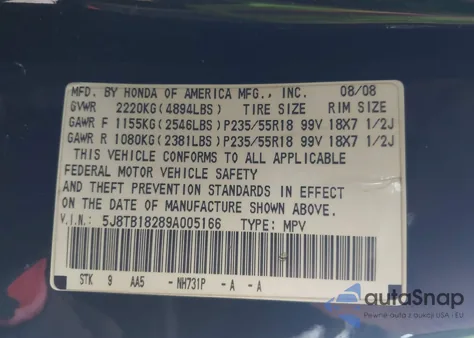 2009 Acura Rdx from USA, damaged, VIN 5J8TB18289A005166